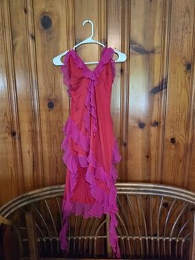 Women’s Hot Pink Asymmetrical Ruffle V-Neck Dress